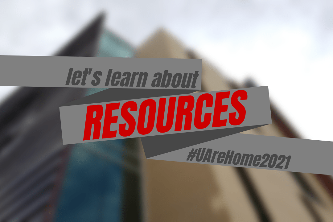 Grey bars diagonally covering the center of a blurred out image of Lassonde Studios. Text reads Let's learn about resource #UAreHome2021